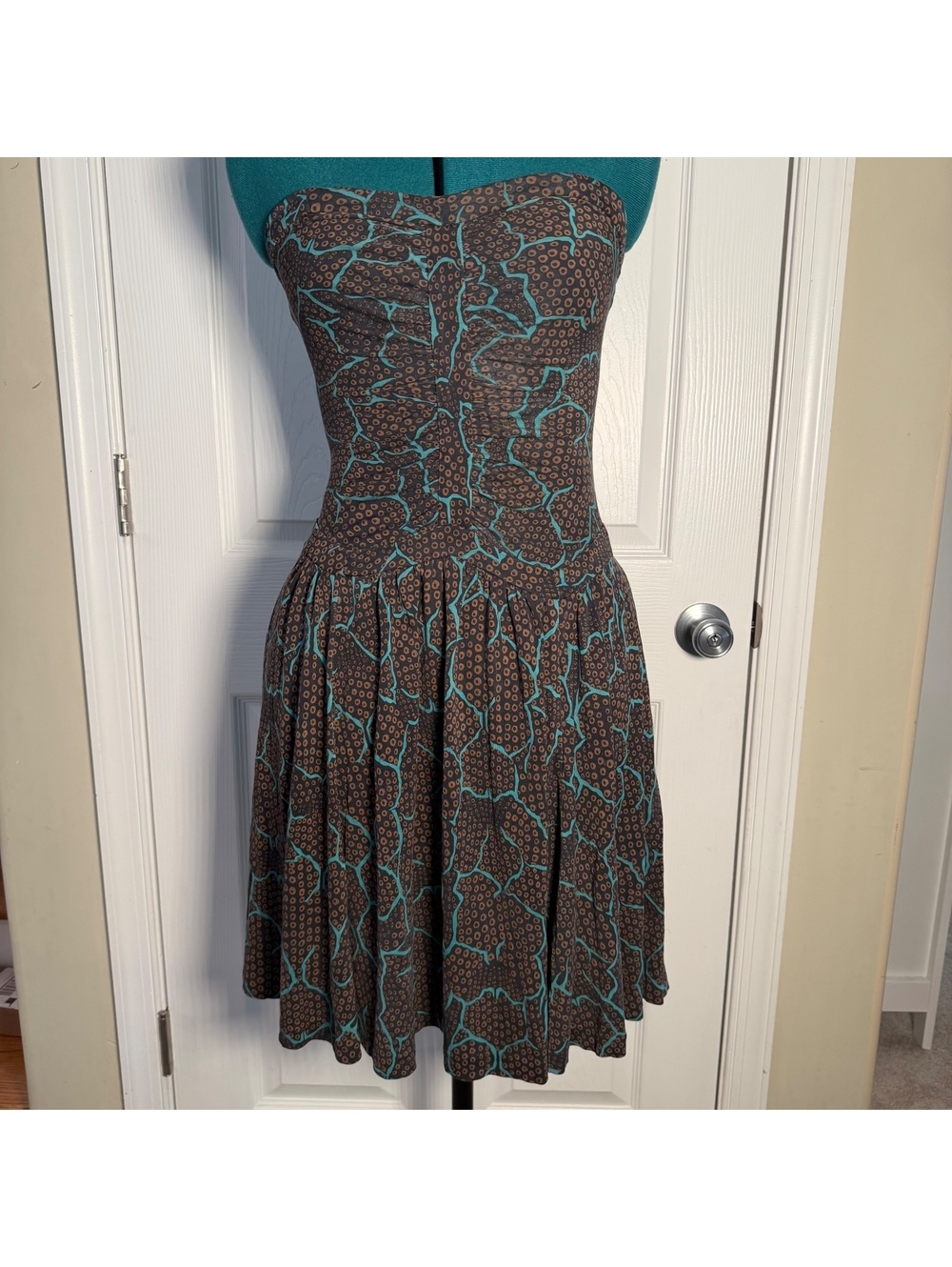 Diane von Furstenberg 100% Silk Strapless Ruched Flare teal brown Black dress